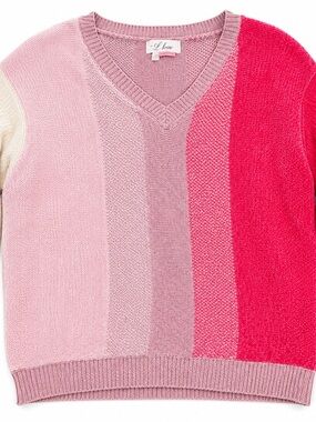 I Love Color Block Chenille Sweater Size Large Pink V-Neck Cozy Soft